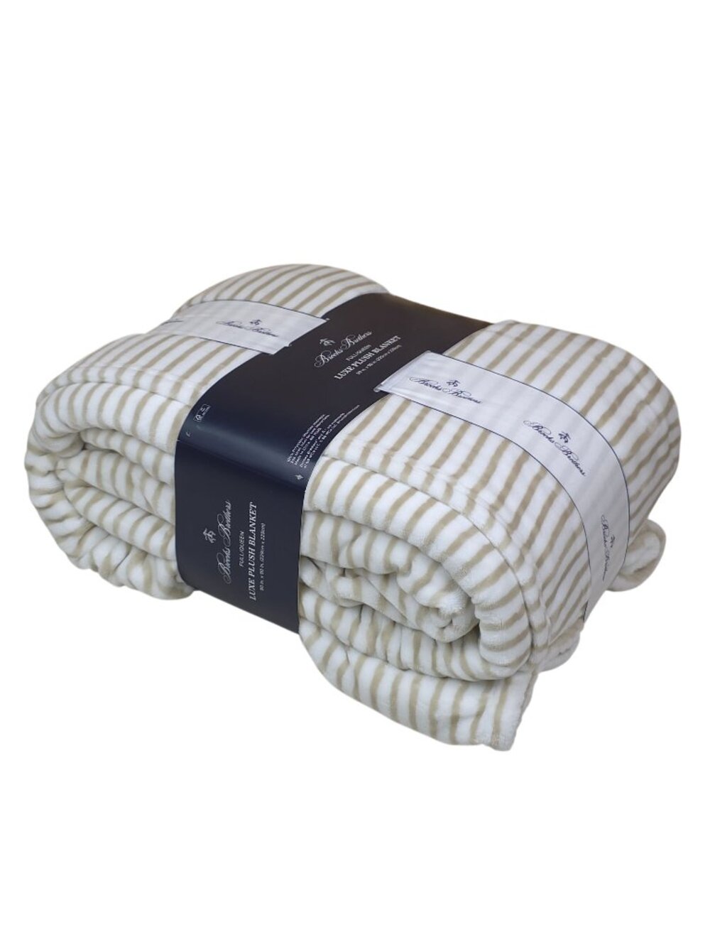 Brooks Brothers Luxe Plush Blanket Queen 90x90 Tan Stripes Soft Cozy Neutral